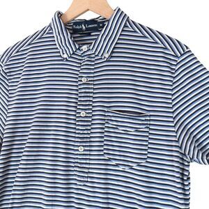 Ralph Lauren Polo Shirt Mens Medium Blue White Stripe Cotton Short Sleeve Button